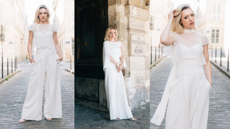 3 images d'une femme dans la rue habillée en tenue de mariée blanche, avec des tops interchangeable, et pantalon ample.