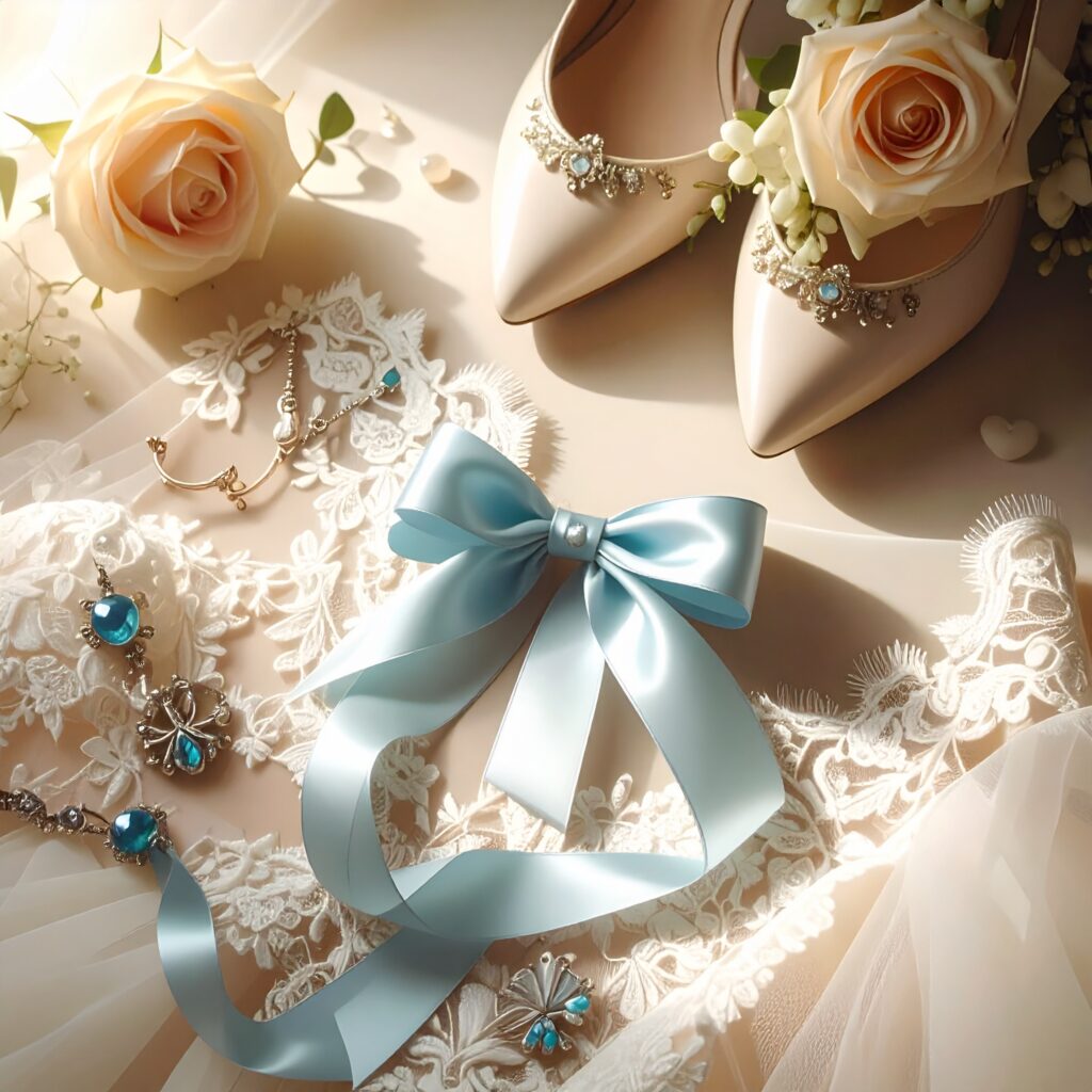 ruban bleu , boucle d'oreille de mariée , escarpins ornés pour mariage