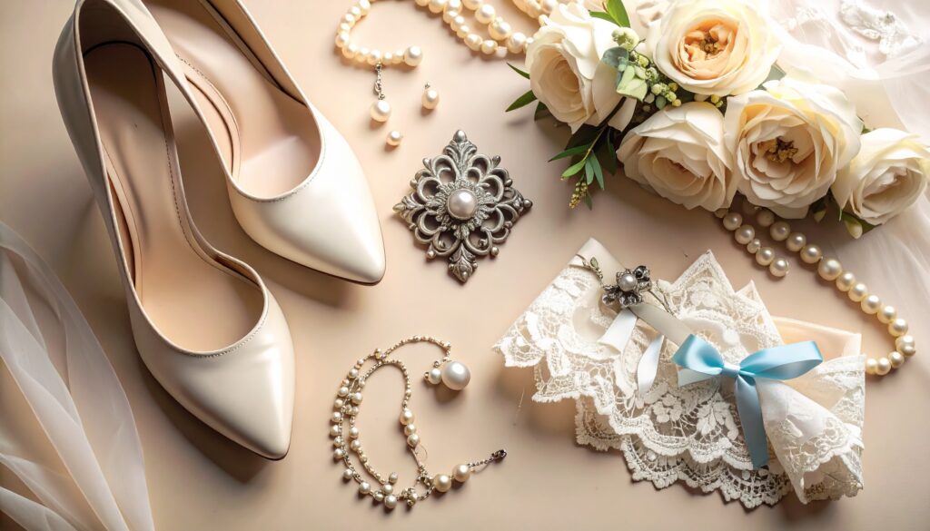 set-up de marriage, talon , broche ancienne, bouquet de fleurs et jarretière avec un ruban bleu