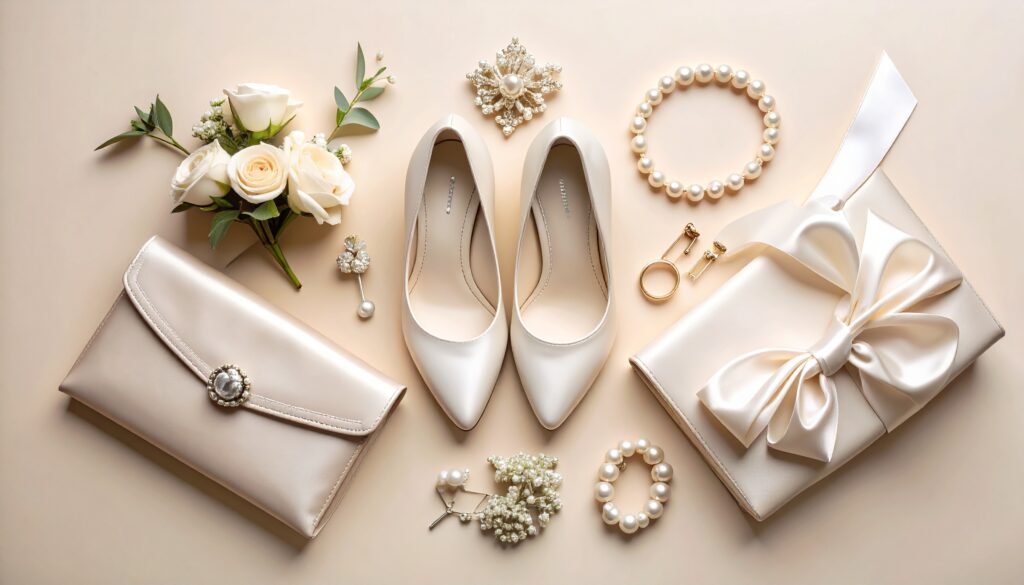 chaussures de mariée, sac nude pour mariage, bijoux de mariée.