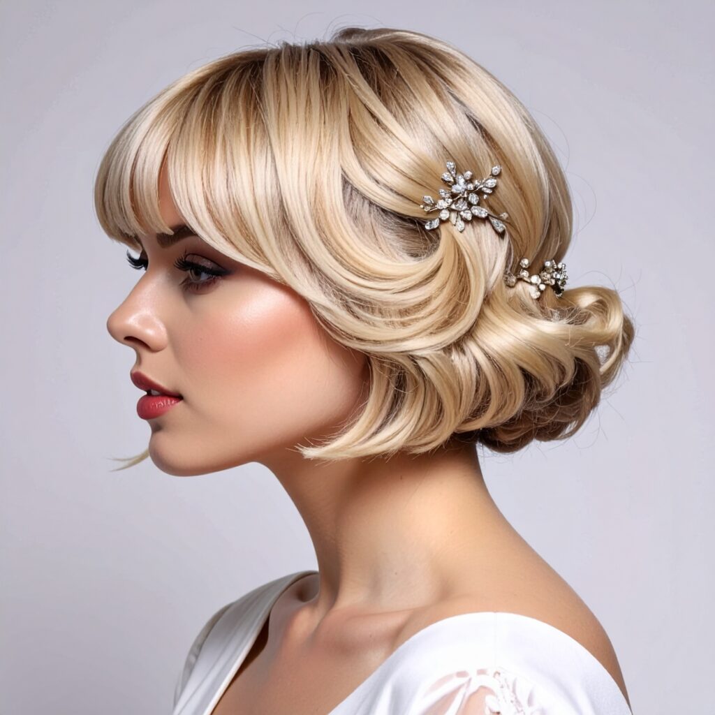 femme blonde, coupe courte pour son mariage, avec bijoux de tête.