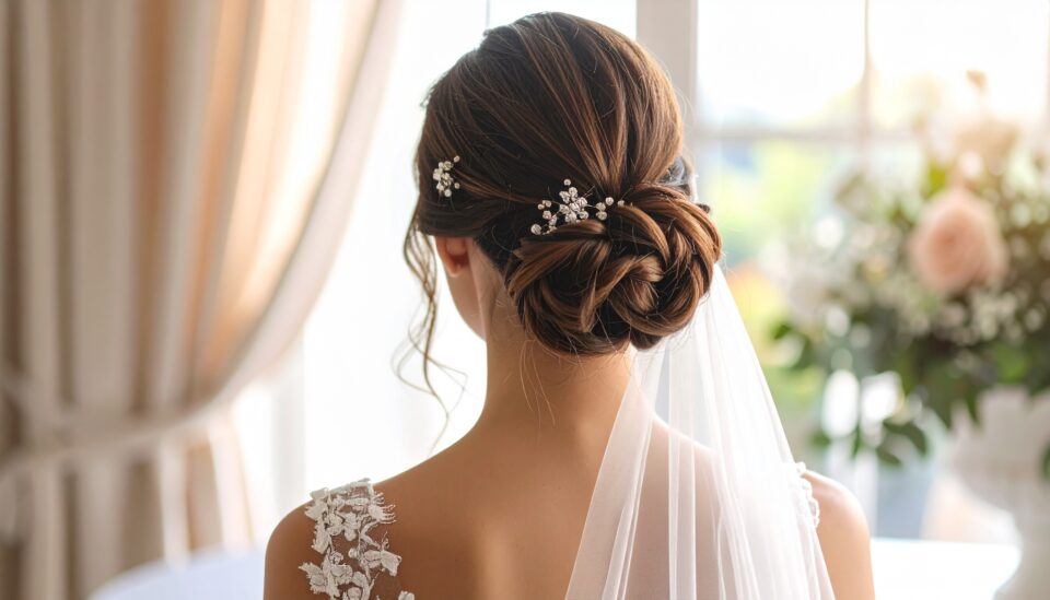 chignon de mariée, uun voile est accroché dans ses cheveux