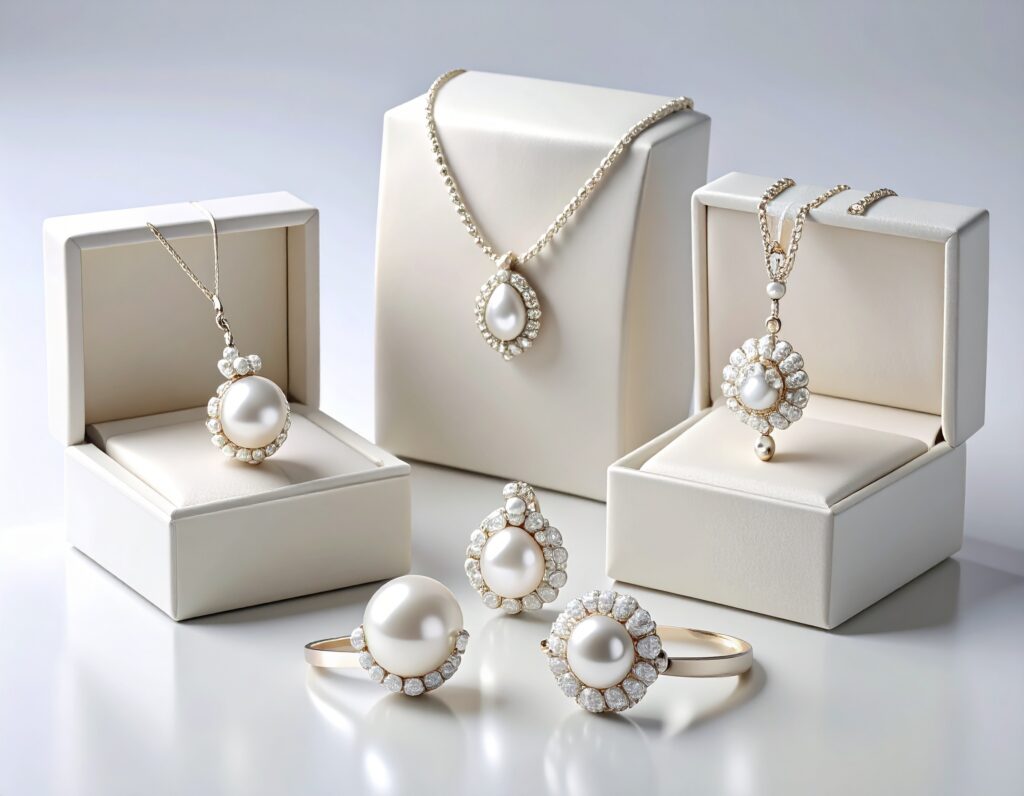parure de bijoux, détails perlé, diamants et or blanc